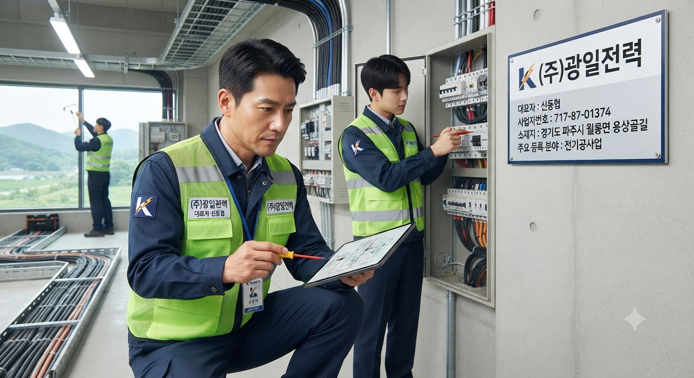 전기공사 분전반 전기안전점검 현장 · 업종 참고 이미지, 해당 업체의 실제 현장 사진 아님